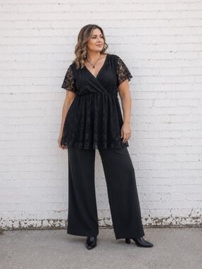 Y2K Black Floral Lace Babydoll Tunic Top Faux Wrap Whimsigoth 1X/2X